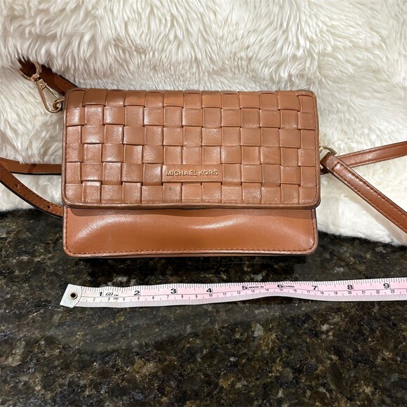 Michael Kors Handbags - Michael Kors Crossbody Phone Bag Wallet Purse Brown Woven Small Gold Logo